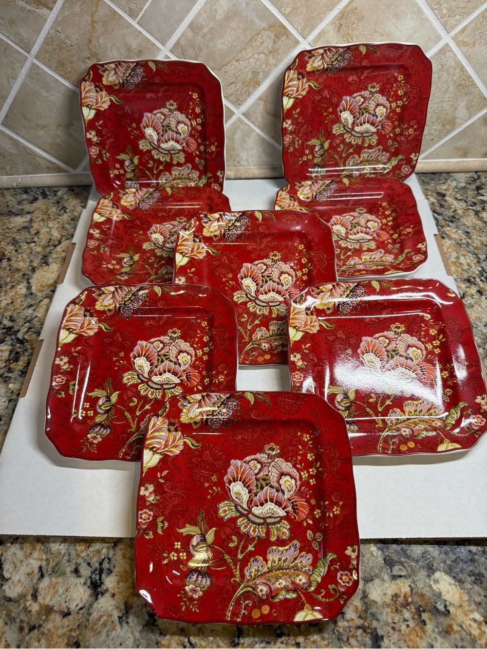 222 Fifth Gabrielle Red Fine ChinaSquare Salad Plates 8" Set of 8 Never used